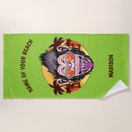 名前をカスタムする、文字及び色のビーチ猿 ビーチタオル (正面)