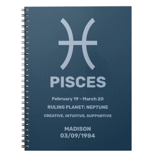 名前をカスタムする/文字〔占星術の〕十二宮図サイン魚座 ノートブック (正面)