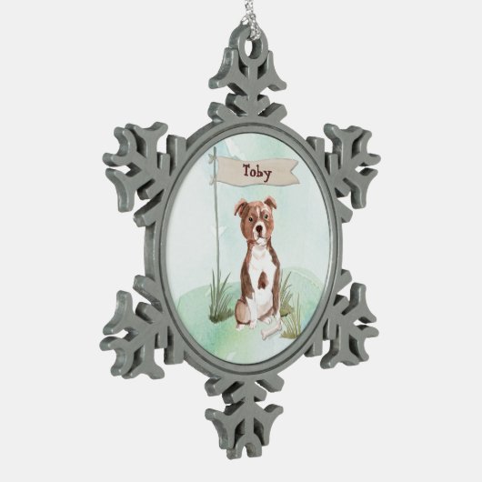名前をカスタムする(犬)スタッフォードブルテリアペットドッグ スノーフレークピューターオーナメント (左)