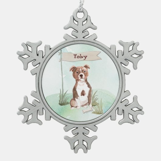 名前をカスタムする（犬）スタッフォードブルテリアペットドッグ スノーフレークピューターオーナメント (正面)