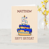 名前をカスタムする、第5誕生日、スイートブルーケーキ上5 カード (黄色い花)