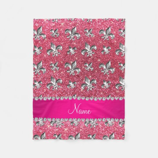名前をカスタムする(紋章の)フラ・ダ・リ明るい赤紫色ピンクグリッター フリースブランケット (正面)