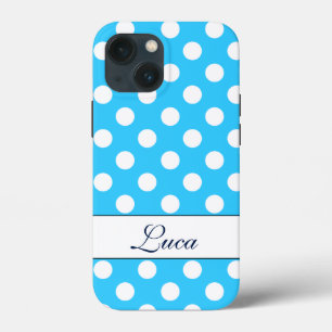 名前をカスタムする、美しい青の白い水玉模様 iPhone 13 MINIケース
