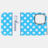 名前をカスタムする、美しい青の白い水玉模様 iPhoneケース (裏面横)