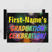 名前をカスタムする、虹の文字、花火の卒業生のパーティー 招待状 (正面/裏面)