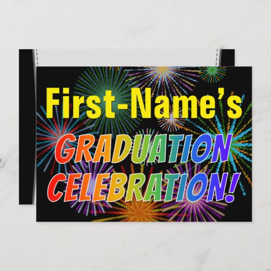 名前をカスタムする、虹の文字、花火の卒業生のパーティー 招待状 (正面/裏面)
