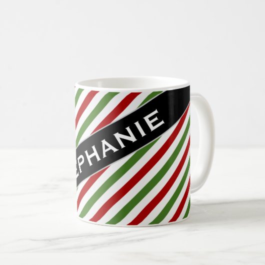 名前をカスタムする + 赤く、白い及び緑の縞模様 コーヒーマグカップ (正面右)
