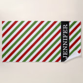 名前をカスタムする + 赤く、白い及び緑の縞模様 ビーチタオル (正面)