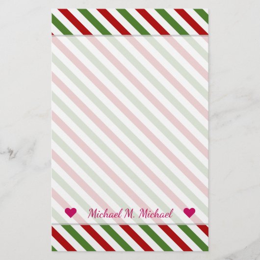 名前をカスタムする+赤、白、緑パターストライプのン 便箋 (正面)