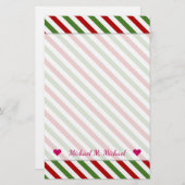 名前をカスタムする+赤、白、緑パターストライプのン 便箋 (正面/裏面)