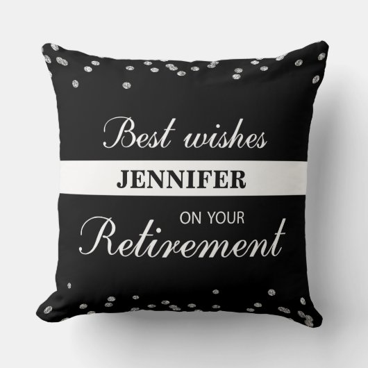 名前をカスタムする、退職祝いブラック クッション (正面)