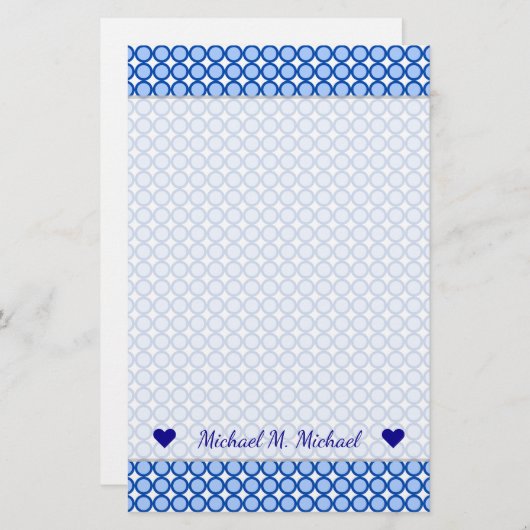 名前をカスタムする+青い点/円パターンひな形 便箋 (正面/裏面)