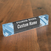 名前をカスタムする+青と灰色のストライプ机用ネームプレート デスクネームプレート (側面)