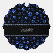 名前をカスタムする、青グリッター犬の足 オーナメントカード (裏面)