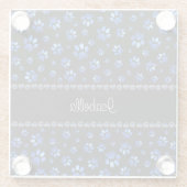 名前をカスタムする、青グリッター犬の足 ガラスコースター (裏面)