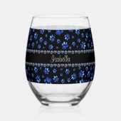 名前をカスタムする、青グリッター犬の足 ステムなしワイングラス (正面)
