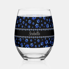 名前をカスタムする、青グリッター犬の足 ステムなしワイングラス