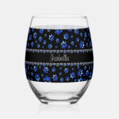 名前をカスタムする、青グリッター犬の足 ステムなしワイングラス (裏面)