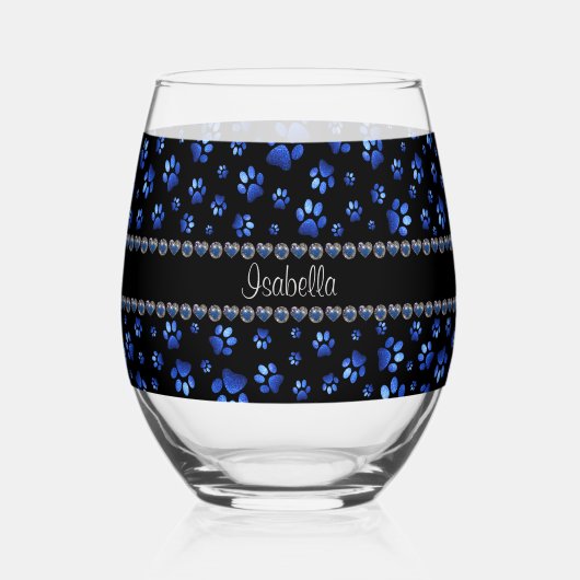 名前をカスタムする、青グリッター犬の足 ステムなしワイングラス (裏面)