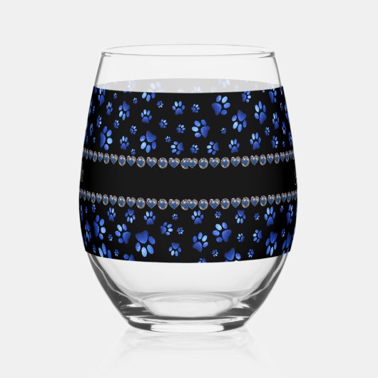 名前をカスタムする、青グリッター犬の足 ステムなしワイングラス (右)