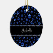 名前をカスタムする、青グリッター犬の足 セラミックオーナメント (右)