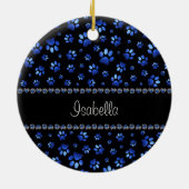 名前をカスタムする、青グリッター犬の足 セラミックオーナメント (裏面)