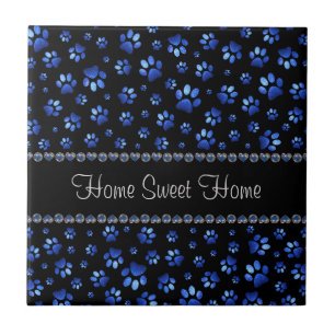 名前をカスタムする、青グリッター犬の足 タイル