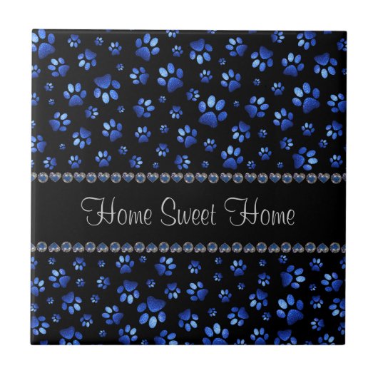 名前をカスタムする、青グリッター犬の足 タイル (正面)