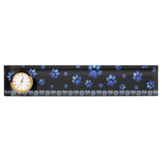 名前をカスタムする、青グリッター犬の足 デスクネームプレート (正面)