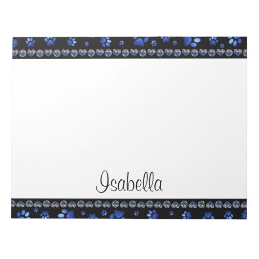 名前をカスタムする、青グリッター犬の足 ノートパッド (正面)