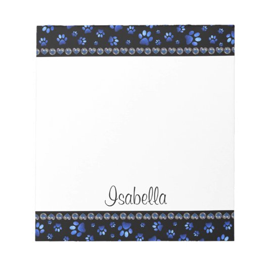 名前をカスタムする、青グリッター犬の足 ノートパッド (正面)