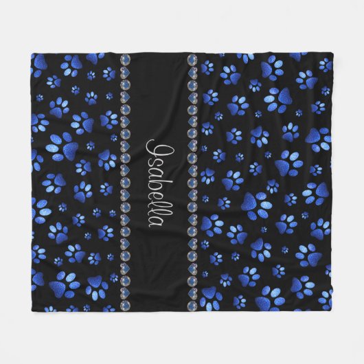 名前をカスタムする、青グリッター犬の足 フリースブランケット (正面(横))