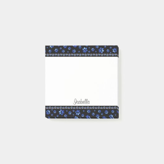 名前をカスタムする、青グリッター犬の足 ポストイット (正面)