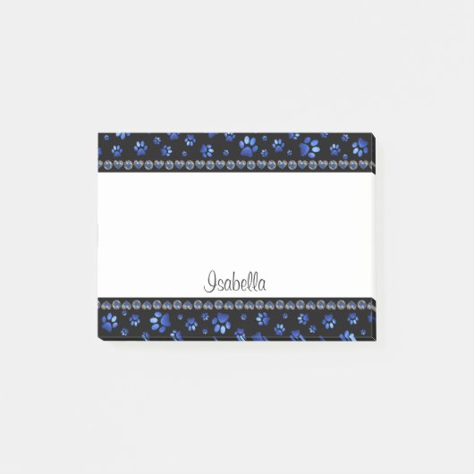 名前をカスタムする、青グリッター犬の足 ポストイット (正面)