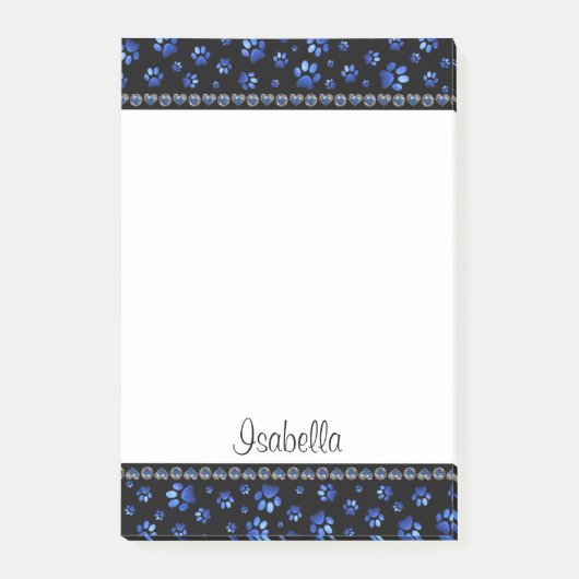 名前をカスタムする、青グリッター犬の足 ポストイット (正面)