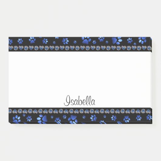 名前をカスタムする、青グリッター犬の足 ポストイット (正面)