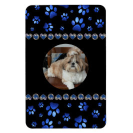 名前をカスタムする、青グリッター犬の足 マグネット