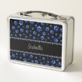 名前をカスタムする、青グリッター犬の足 メタルランチボックス (裏面)