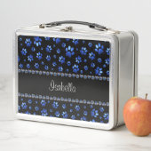 名前をカスタムする、青グリッター犬の足 メタルランチボックス (インサイチュ)