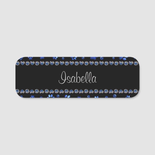 名前をカスタムする、青グリッター犬の足 名札 (正面)