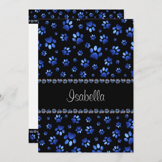 名前をカスタムする、青グリッター犬の足 招待状 (正面/裏面)