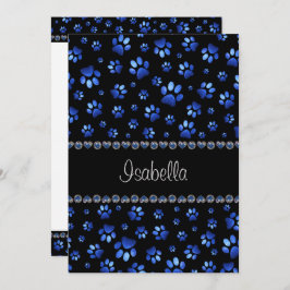 名前をカスタムする、青グリッター犬の足 招待状