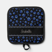 名前をカスタムする、青グリッター犬の足 鍋敷き (正面)