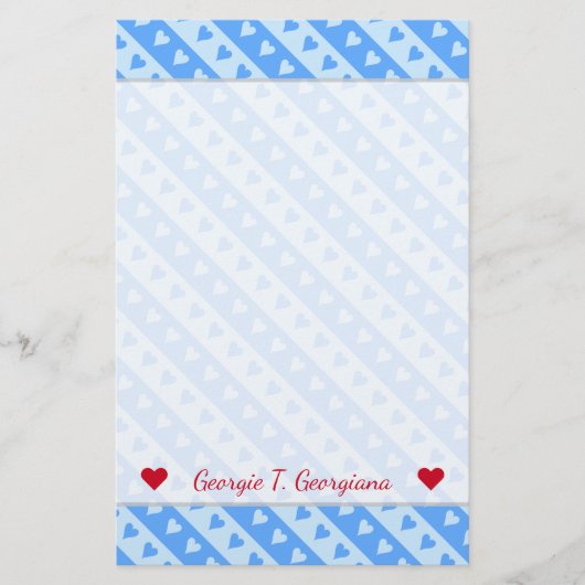 名前をカスタムする+青ハートとストライプパターン 便箋 (正面)