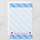 名前をカスタムする+青ハートとストライプパターン 便箋 (正面/裏面)
