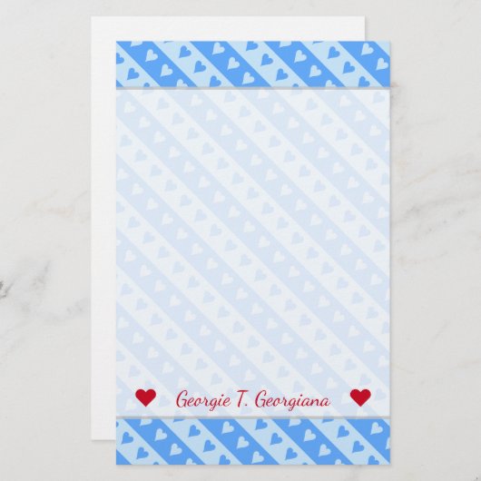 名前をカスタムする+青ハートとストライプパターン 便箋 (正面/裏面)
