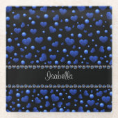 名前をカスタムする、青ハートグリッターパターン ガラスコースター (正面)