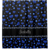 名前をカスタムする、青ハートグリッターパターン シャワーカーテン (正面)