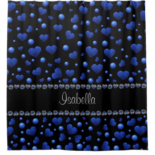 名前をカスタムする、青ハートグリッターパターン シャワーカーテン (正面)