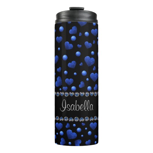 名前をカスタムする、青ハートグリッターパターン タンブラー (正面)